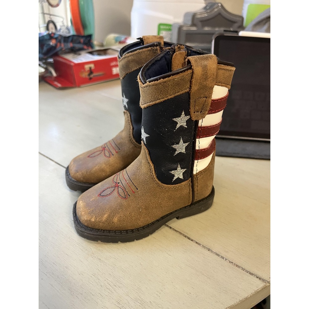 Cody James Kids American Flag Western Cowboy Boots Brown Size 5D Square Toe